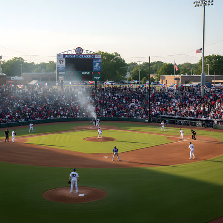 A baseball game in a stadium during the "July 4th Classic" on a holiday weekend, with fireworks visible above the stands.の素材
