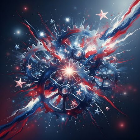 An abstract digital illustration with intertwining stars and gears rendered in patriotic red, white, and blue colors, with a mechanical and modern feel.の素材