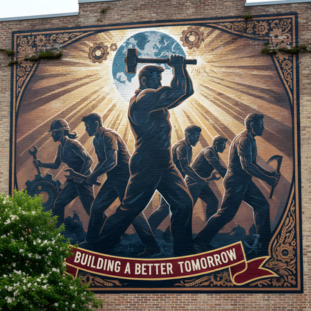 A powerful mural on a brick wall depicting a group of strong, silhouetted workers holding tools, with a central figure raising a hammer, and a banner that says "BUILDING A BETTER TOMORROW."の素材