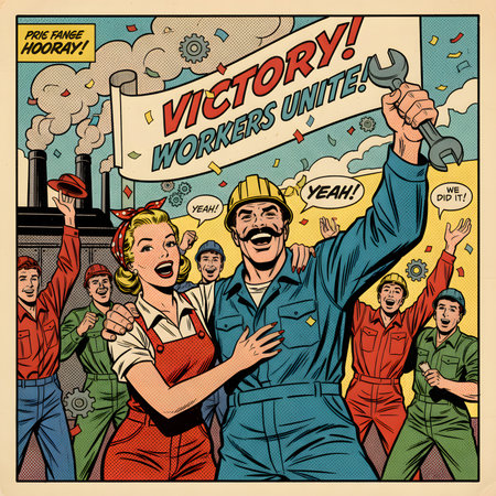 A vintage, pop art-style illustration showing happy factory workers, a man and woman celebrating, with a "Victory! Workers Unite!" banner and confetti.の素材