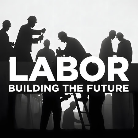 A black and white image featuring silhouettes of workers in various poses, with bold typography that reads "LABOR" and "BUILDING THE FUTURE."の素材