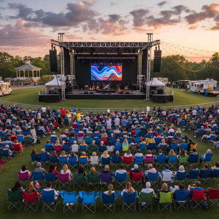 An outdoor stage is set up for a community concert in a park at sunset, with a large crowd seated in front and a band performing.の素材