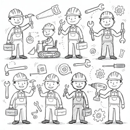 A creative hand-drawn doodle illustration featuring a collection of male and female construction workers and various tools like hammers, saws, and wrenches.の素材