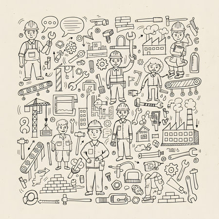 A detailed, hand-drawn doodle illustration on a tan background, showing a grid of construction workers, buildings, gears, and various tools.の素材