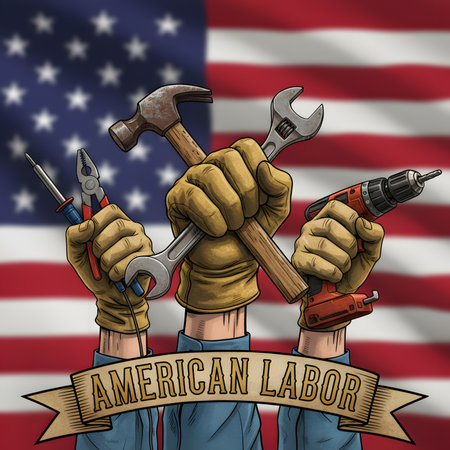 An illustration of three raised fists holding a hammer, wrench, and power drill against a blurry American flag background with a banner that says "American Labor."の素材