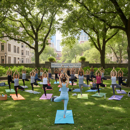 A group of people are shown in a park doing yoga poses on a sunny morning during a holiday weekend, representing leisure and wellness.の素材