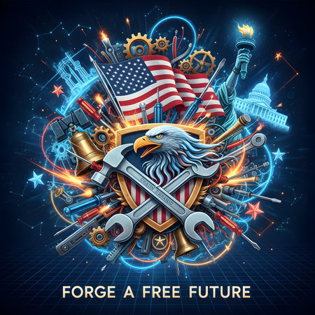 A digital art illustration with a central shield featuring an eagle, hammer, and wrench, surrounded by other tools, an American flag, the Statue of Liberty, and the Capitol.の素材