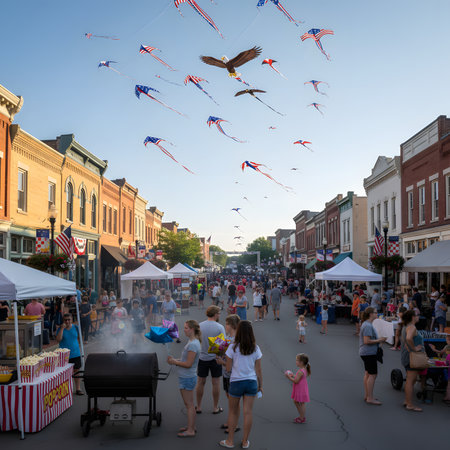 A festive street festival in a traditional American town, featuring a diverse crowd, food vendors, street performers, and buildings decorated with flags and balloons.の素材