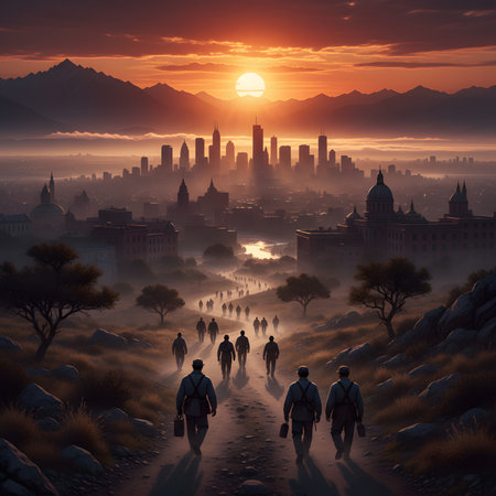 Silhouetted workers are walking towards a large city skyline at sunrise, symbolizing a new day of labor and progress.の素材