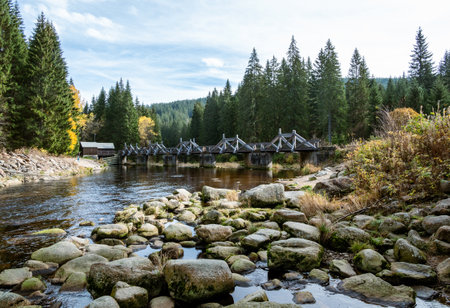 Wooden bridge, Rechle, at the Vchynicko-TetovskÃ© canal on the Vydra River in Å umavaの写真素材