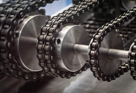 Industrial metal chain and gear in the factory. Industrial background.の写真素材