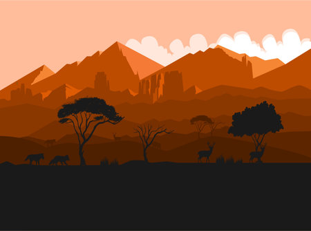 mountain view at night, sky is orange.のイラスト素材
