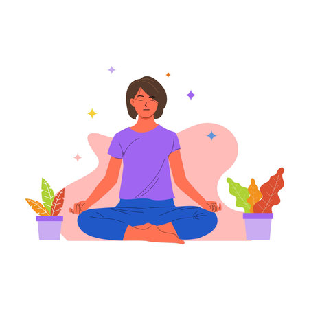 flat illustration, woman meditating, yoga exerciseのイラスト素材