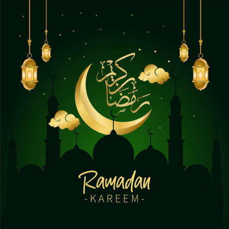 ramadan background with  mosque, lantern and crescent moonのイラスト素材
