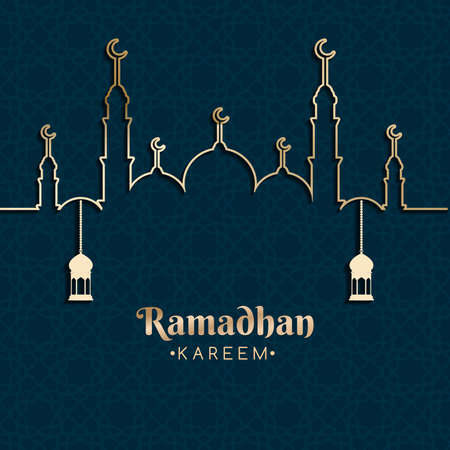 Ramadan background with lantern, mosque silhouette and decorativeのイラスト素材