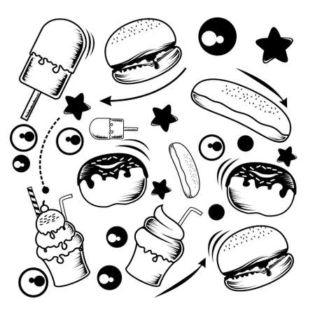 food and drink doodle illustration in line art styleのイラスト素材