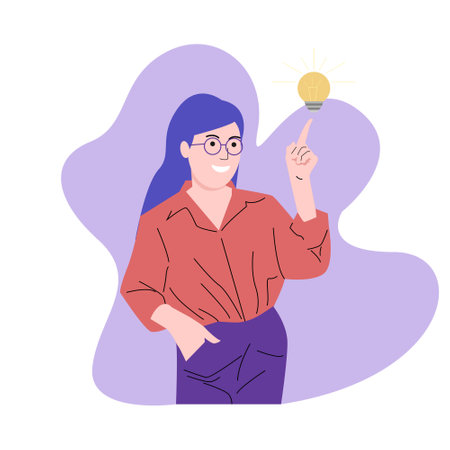 Vector illustration of a woman with a light bulb in her hand.のイラスト素材