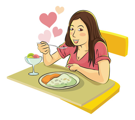 Lady enjoy eating food vector cartoon.のイラスト素材