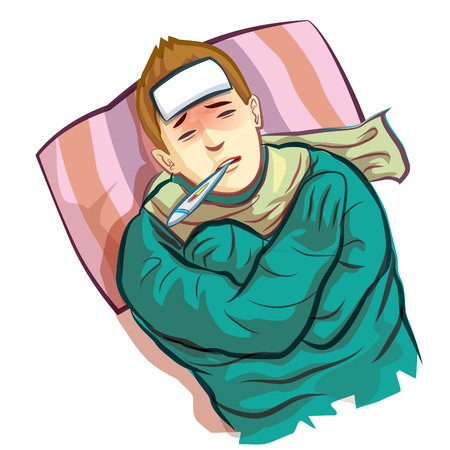 sick man laying in bed with feverのイラスト素材