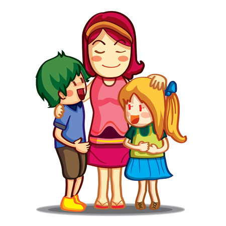 Happy family portrait with cheerful children together isolated on white. Vector illustration of smiling family, mom and two teen kidsのイラスト素材