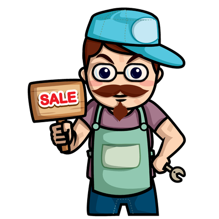 man was technician stand hold tthe wood label for sale service or product vectorのイラスト素材