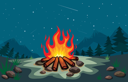 bonfire in the forest at night cartoon vectorのイラスト素材