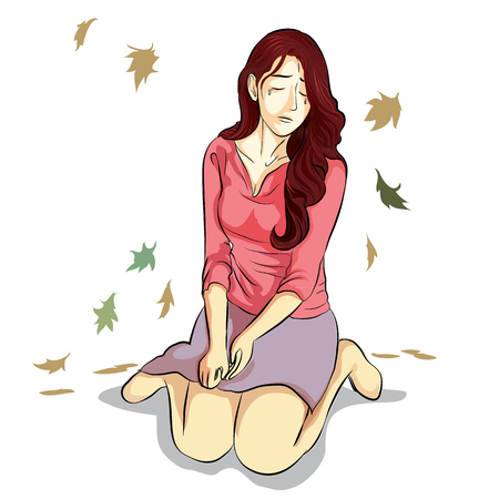woman crying sitting on falling leaf backgroundのイラスト素材