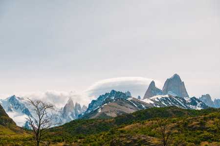 View to mountains Cerro Grande hiding in the clouds, Los Glaciares National Park, Patagonia, El...