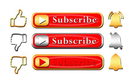 Subscribe, bell button set. red button subscribe to channel, blog. social media . marketing. with 3d render illustrationの写真素材