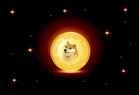 Doge coin on fire red background and stars. soge to the moon. vectorのイラスト素材