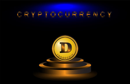 Dogecoin signed on stage with metal podium, crypto currency icon, for web, banner, sign, symbol,...
