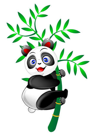 Cute baby panda cartoon hanging on bambooのイラスト素材
