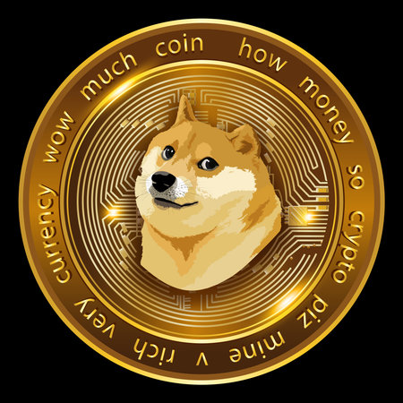 3D Gold coin Doge meme crypto currency isolated on black background.のイラスト素材
