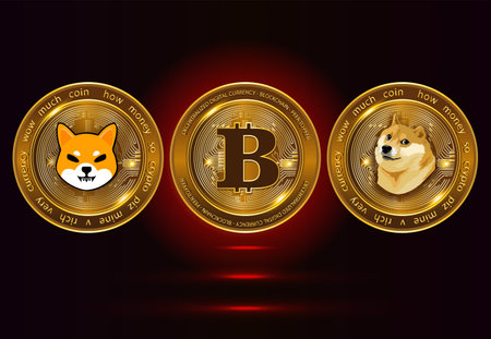 Doge and shiba inu meme crypto currency versus bitcoin illustrationのイラスト素材