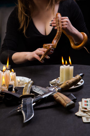 Snake is watching the magic ritual of witchesの写真素材