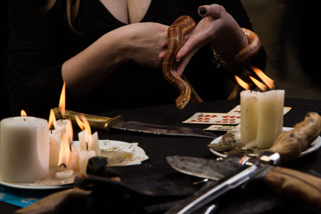 Witch refer to the dark forces of the serpent during the ritual of black magicの写真素材