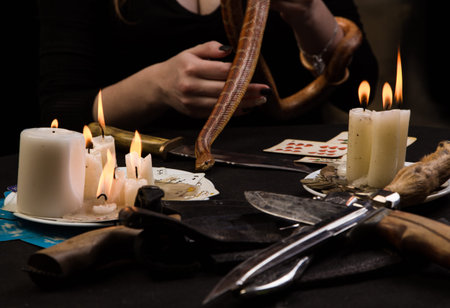 Witch to conduct a voodoo ritual with the snakeの写真素材