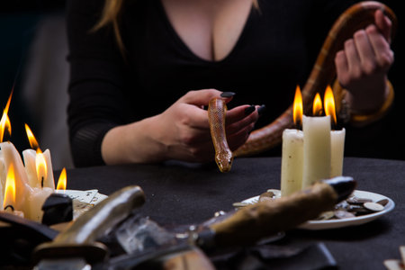 Magic ritual with a snake knives and coinsの写真素材