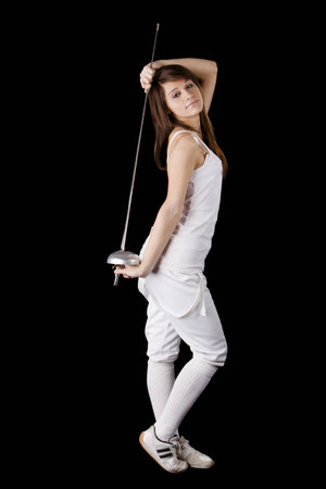 Image beautiful girl with a rapier on black