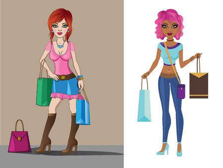 Vector illustration of a  two shopping girlsのイラスト素材