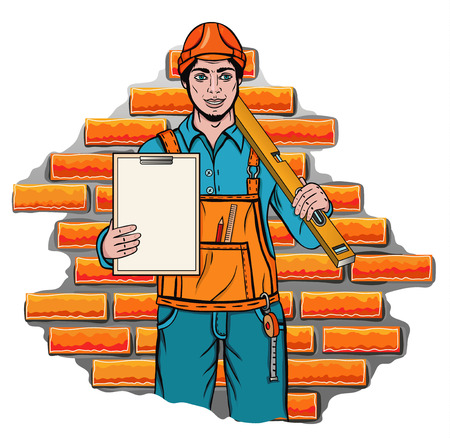 Vector illustration of a builder holding levelのイラスト素材