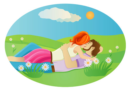 Vector illustration of a  kissing couple at the  meadowのイラスト素材