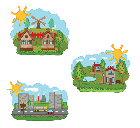 Vector illustration of a village and cityのイラスト素材