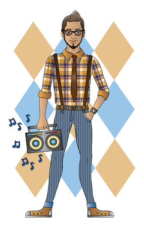 Vector illustration of a hipster with recorderのイラスト素材
