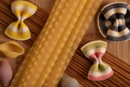 Various raw pasta and spagetti Traditional Italian cuisine. Top view.の写真素材