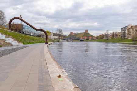 Vilnius, Lithuania . Panoramic view of the riverside and Gediminas Tower visible in distance.の写真素材