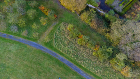 Aerial view on green fields and meadows. Stunning aerial shot over lush green fields and meadows .の写真素材