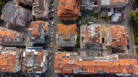 Aerial view of the tile roofs of old town.の写真素材