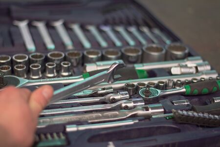 Open wrench set on tableの写真素材
