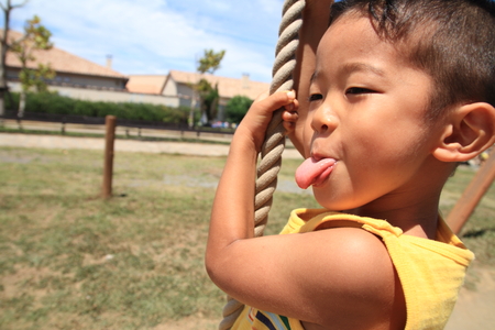 Japanese boy playing with Tarzan ropeの写真素材